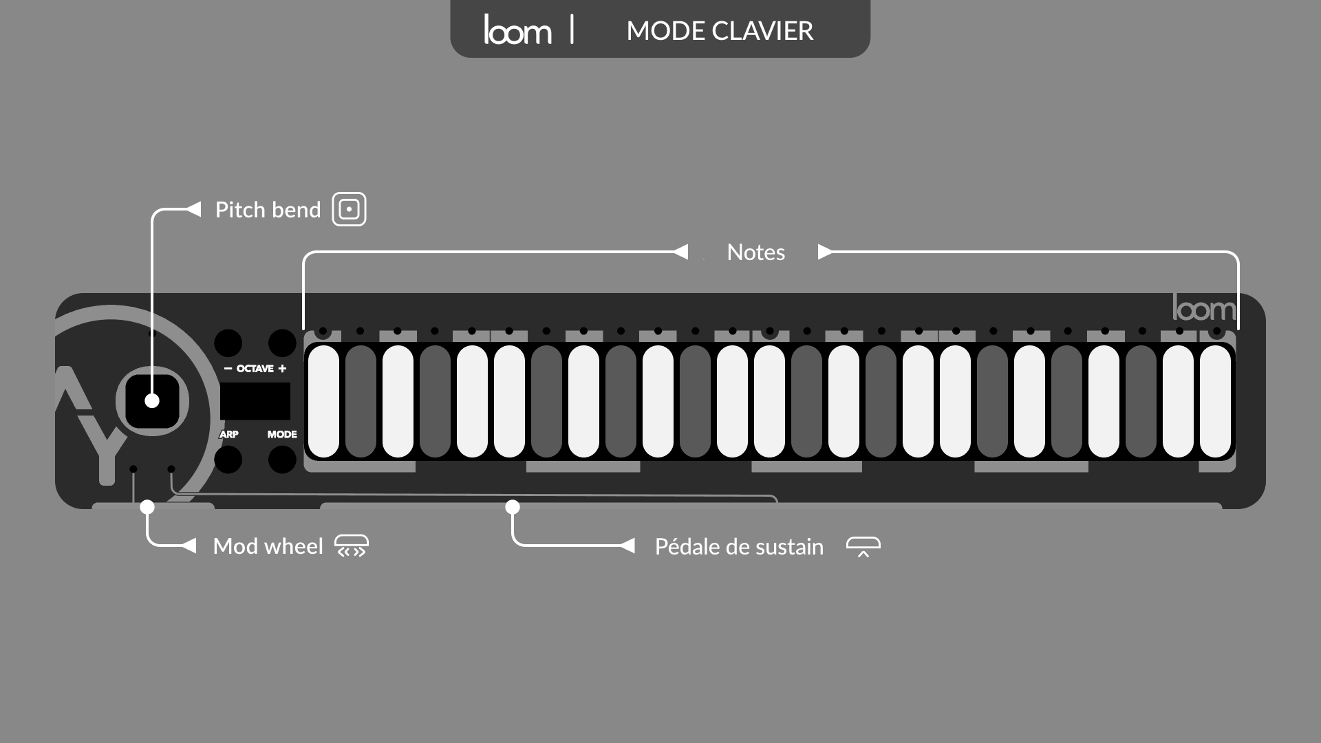 Mode clavier avec les réglages par défaut : notes sur la surface, pédale de sustain sur la barre, molette de modulation sur le slider, pitch bend sur la action zone.